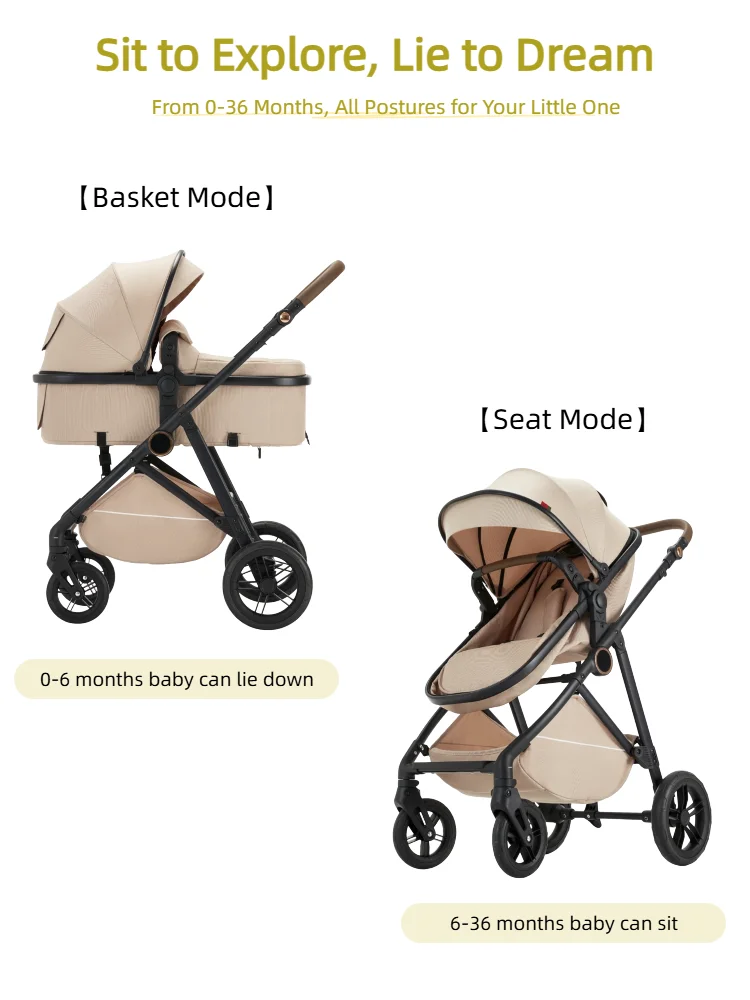 B.Childhood 2 in 1 Baby Pram Spacious Interior, with Large Storage Basket Stroller, Adjustable Handlebar for Family Outings