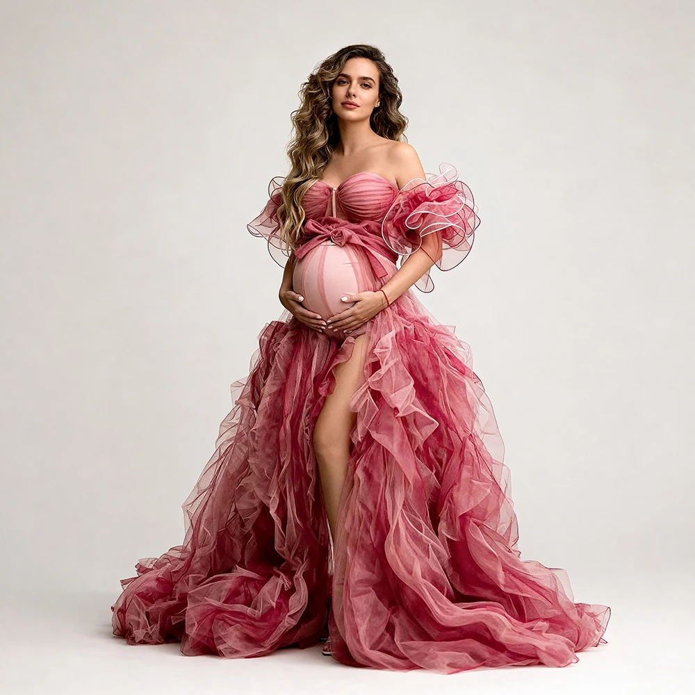 Elegant Maternity Dress Rose Tulle Off-Shoulder Ruffled Sleeve Maternity Dress with High Slit Pregnant Photo Session YW2603062D