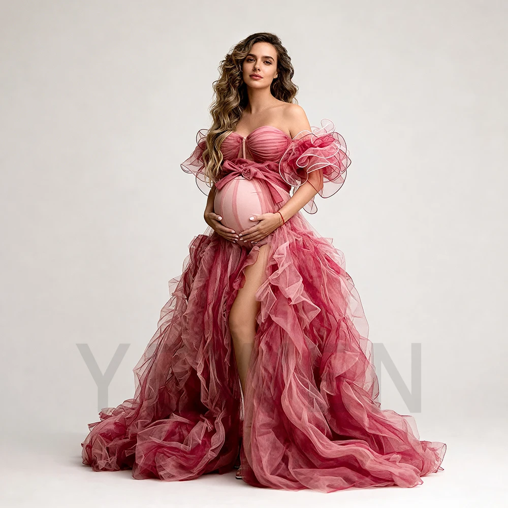 Elegant Maternity Dress Rose Tulle Off-Shoulder Ruffled Sleeve Maternity Dress with High Slit Pregnant Photo Session YW2603062D