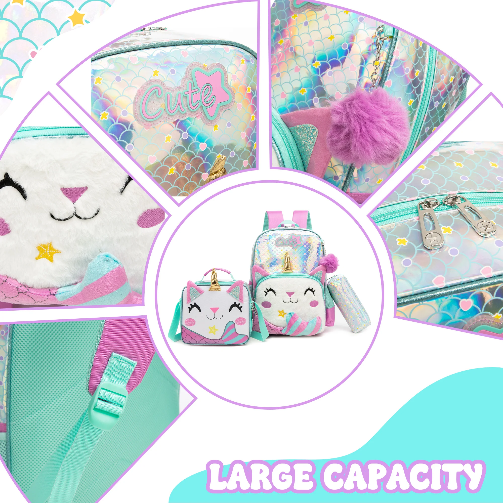 Meetbelify Cute Purple Backpack Set for Primary School Girls Girls Purple Backpack & Pencil Case Set, Fashion Design