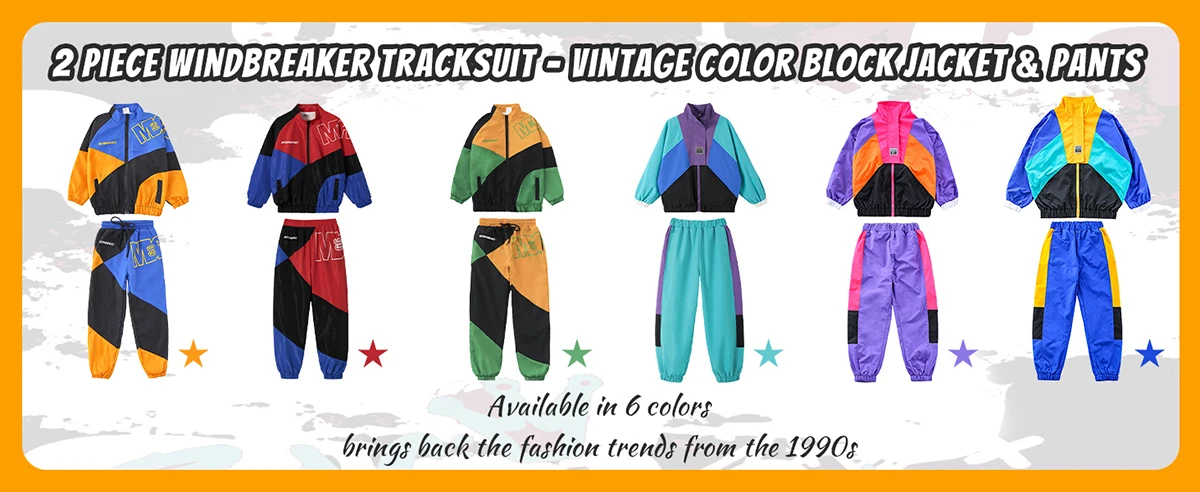 LOlanta 2Pcs Boys' Girls' Color Block Jacket Track Pants Sets Hip Hop Dance Patchwork Clothes Unisex Streetwear 5-16Years