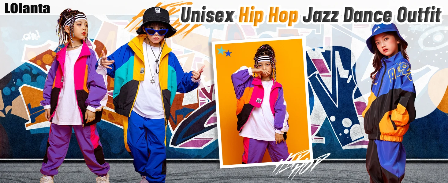 LOlanta 2Pcs Boys' Girls' Color Block Jacket Track Pants Sets Hip Hop Dance Patchwork Clothes Unisex Streetwear 5-16Years