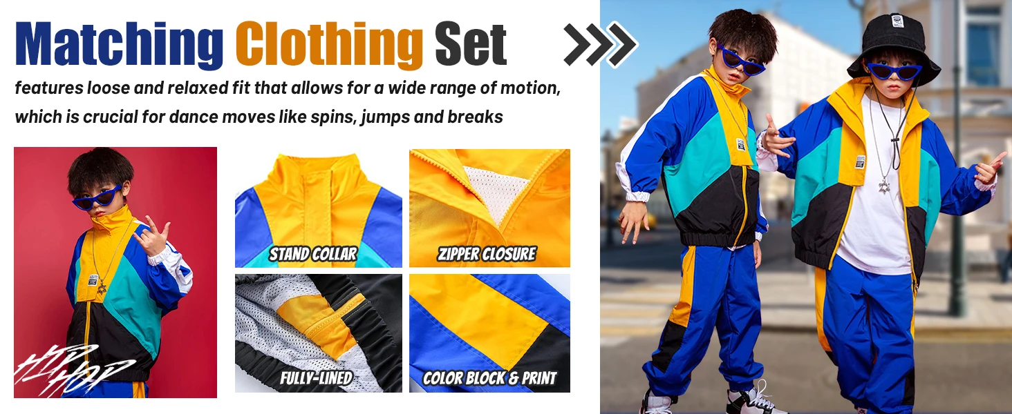 LOlanta 2Pcs Boys' Girls' Color Block Jacket Track Pants Sets Hip Hop Dance Patchwork Clothes Unisex Streetwear 5-16Years