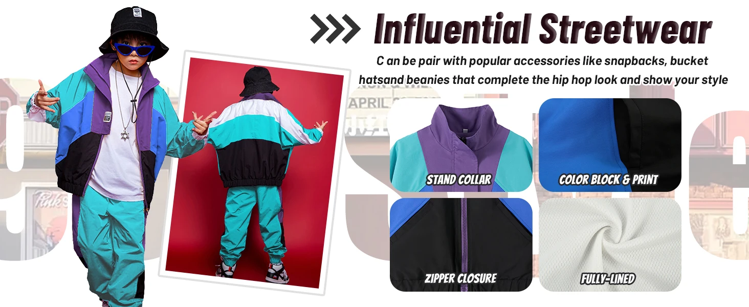 LOlanta 2Pcs Boys' Girls' Color Block Jacket Track Pants Sets Hip Hop Dance Patchwork Clothes Unisex Streetwear 5-16Years