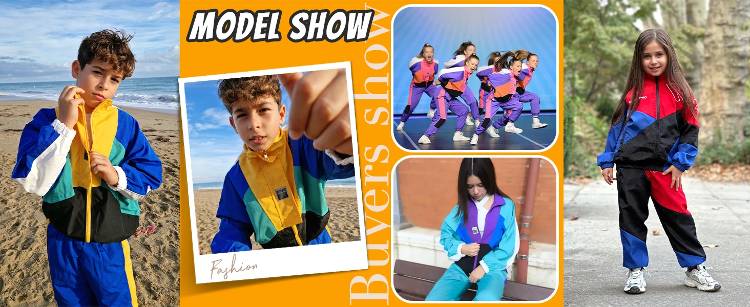 LOlanta 2Pcs Boys' Girls' Color Block Jacket Track Pants Sets Hip Hop Dance Patchwork Clothes Unisex Streetwear 5-16Years