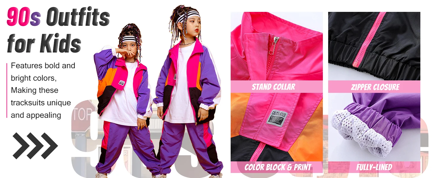 LOlanta 2Pcs Boys' Girls' Color Block Jacket Track Pants Sets Hip Hop Dance Patchwork Clothes Unisex Streetwear 5-16Years