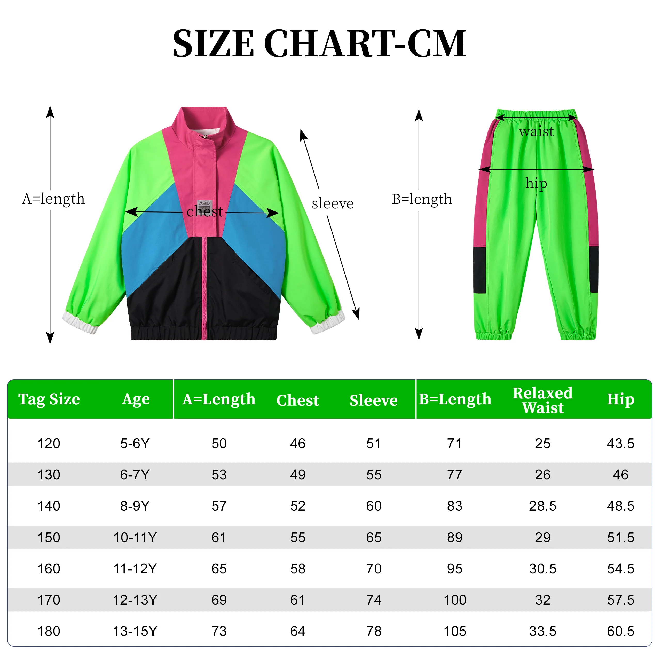 LOlanta 2Pcs Boys' Girls' Color Block Jacket Track Pants Sets Hip Hop Dance Patchwork Clothes Unisex Streetwear 5-16Years