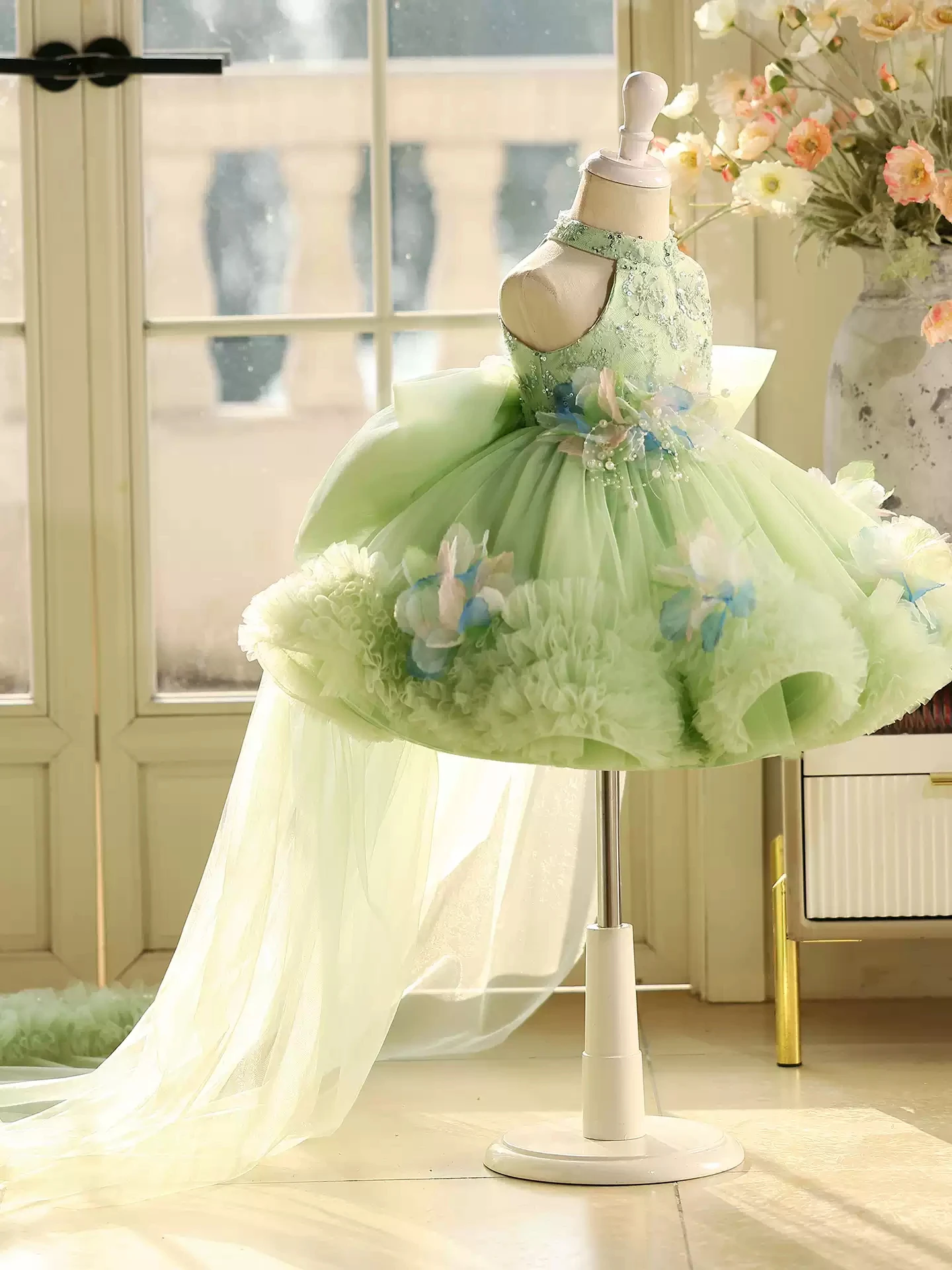 KLFLGD Artistic Photography Green Tulle Girls Party Tuxedo Pageant Dresses for Toddler Girls Kids Birthday Dresses