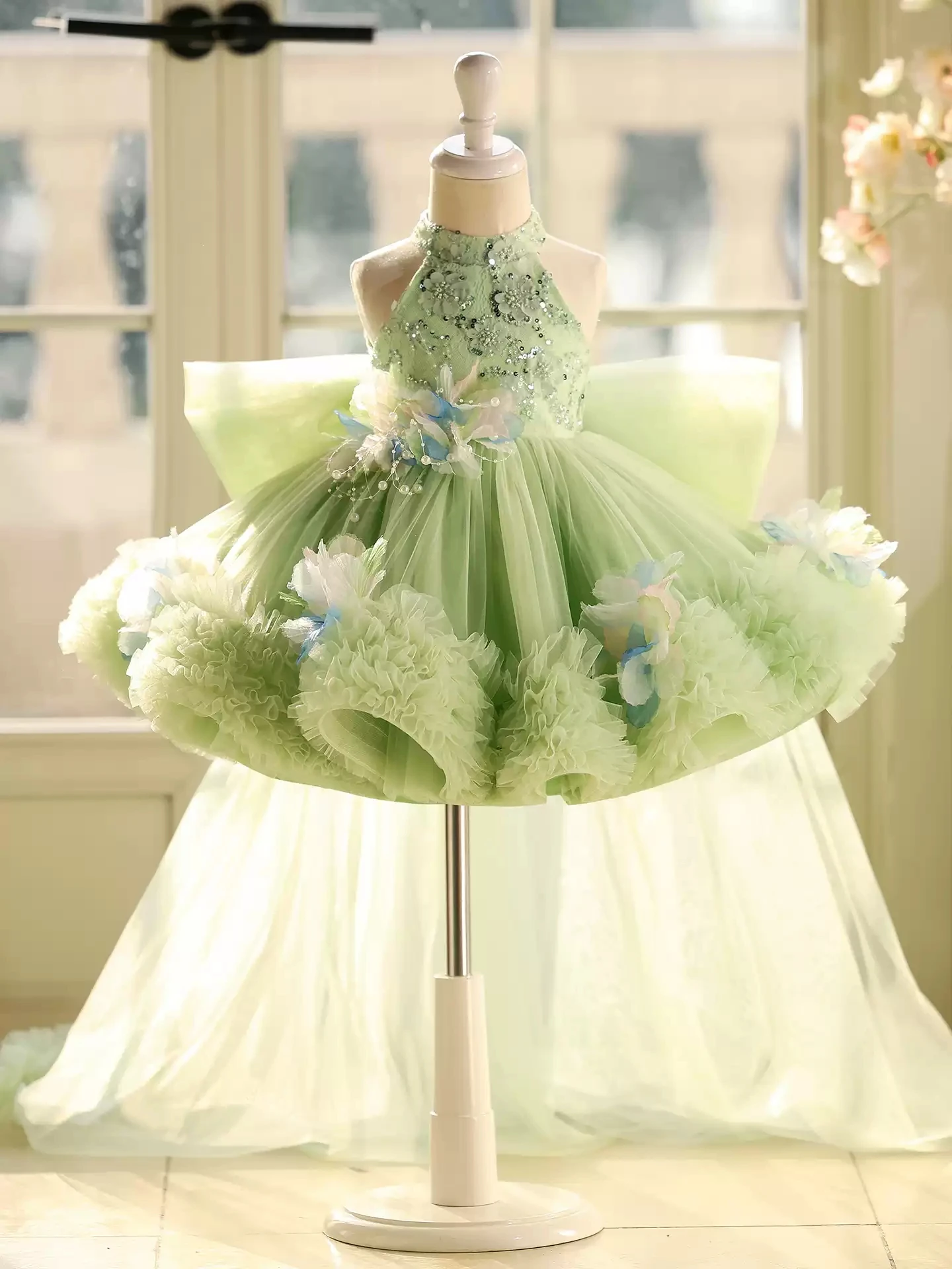 KLFLGD Artistic Photography Green Tulle Girls Party Tuxedo Pageant Dresses for Toddler Girls Kids Birthday Dresses