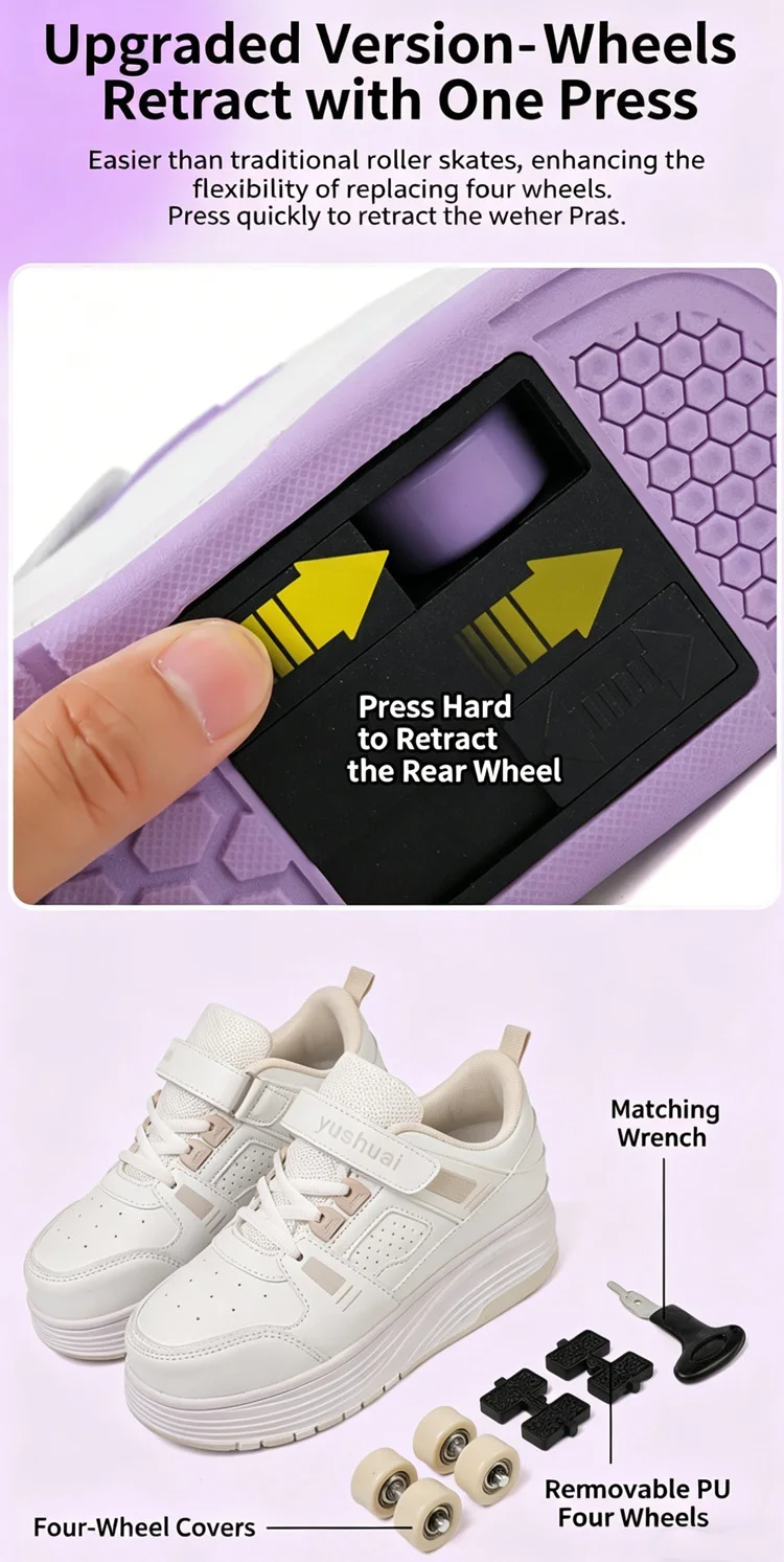 Ultra-Light 4-Wheel Roller Skates for Kids Boys Girls Removable Wheels 2-in-1 Walking Sneakers Sports Outdoor TrainerSize 31-42