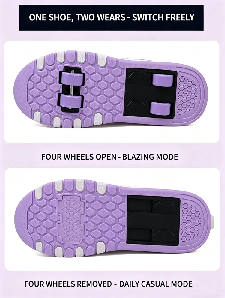 Ultra-Light 4-Wheel Roller Skates for Kids Boys Girls Removable Wheels 2-in-1 Walking Sneakers Sports Outdoor TrainerSize 31-42