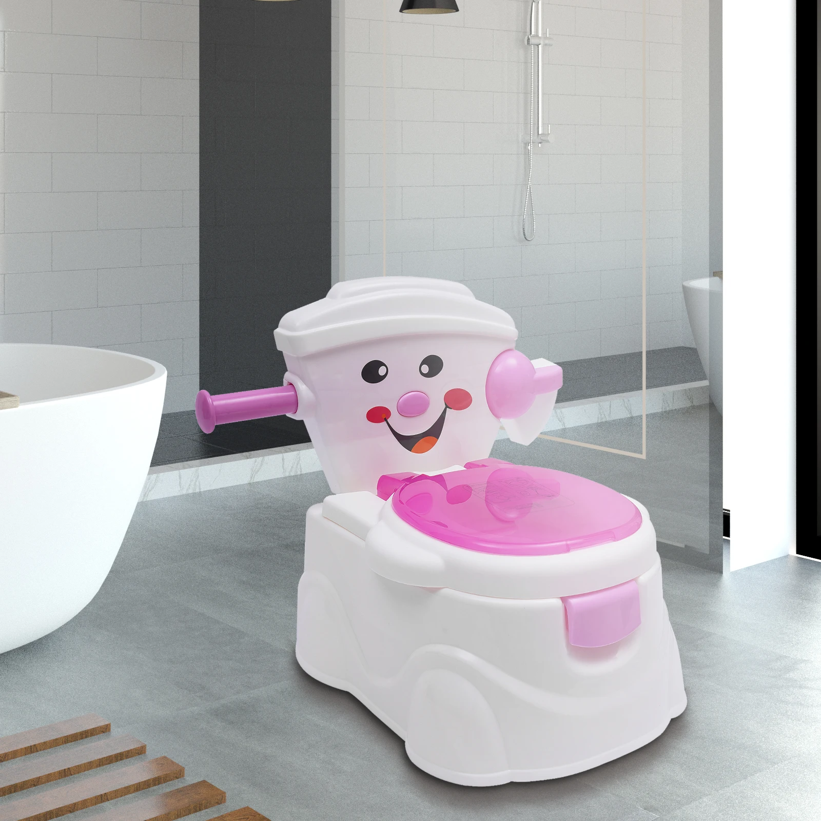 3-in-1 Children's Potty Training Toilet Simulation Smiling Face Kids Toilet with Toilet Paper Holder Removable Ergonomic Toilet
