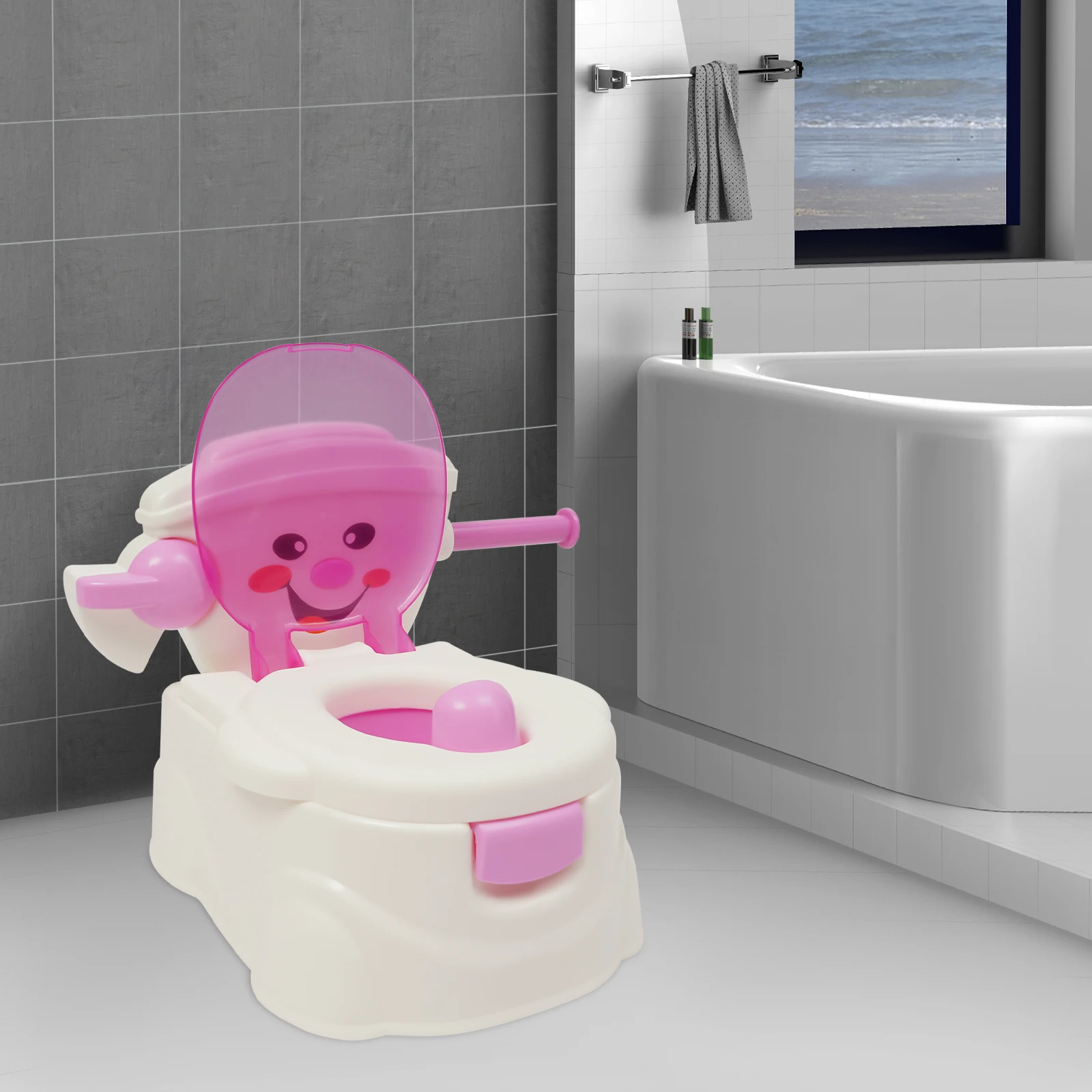 3-in-1 Children's Potty Training Toilet Simulation Smiling Face Kids Toilet with Toilet Paper Holder Removable Ergonomic Toilet