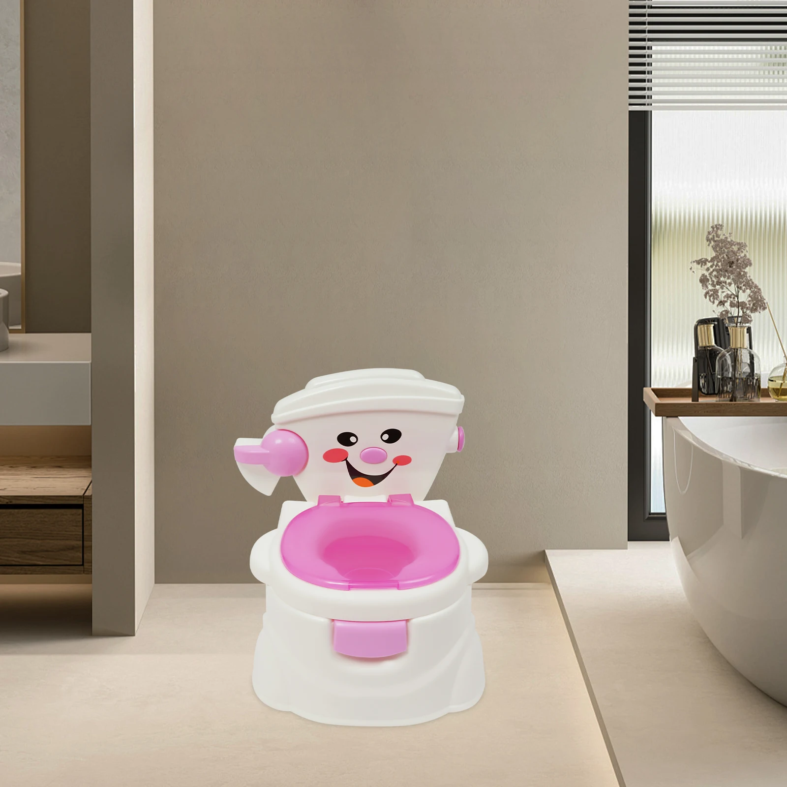 3-in-1 Children's Potty Training Toilet Simulation Smiling Face Kids Toilet with Toilet Paper Holder Removable Ergonomic Toilet