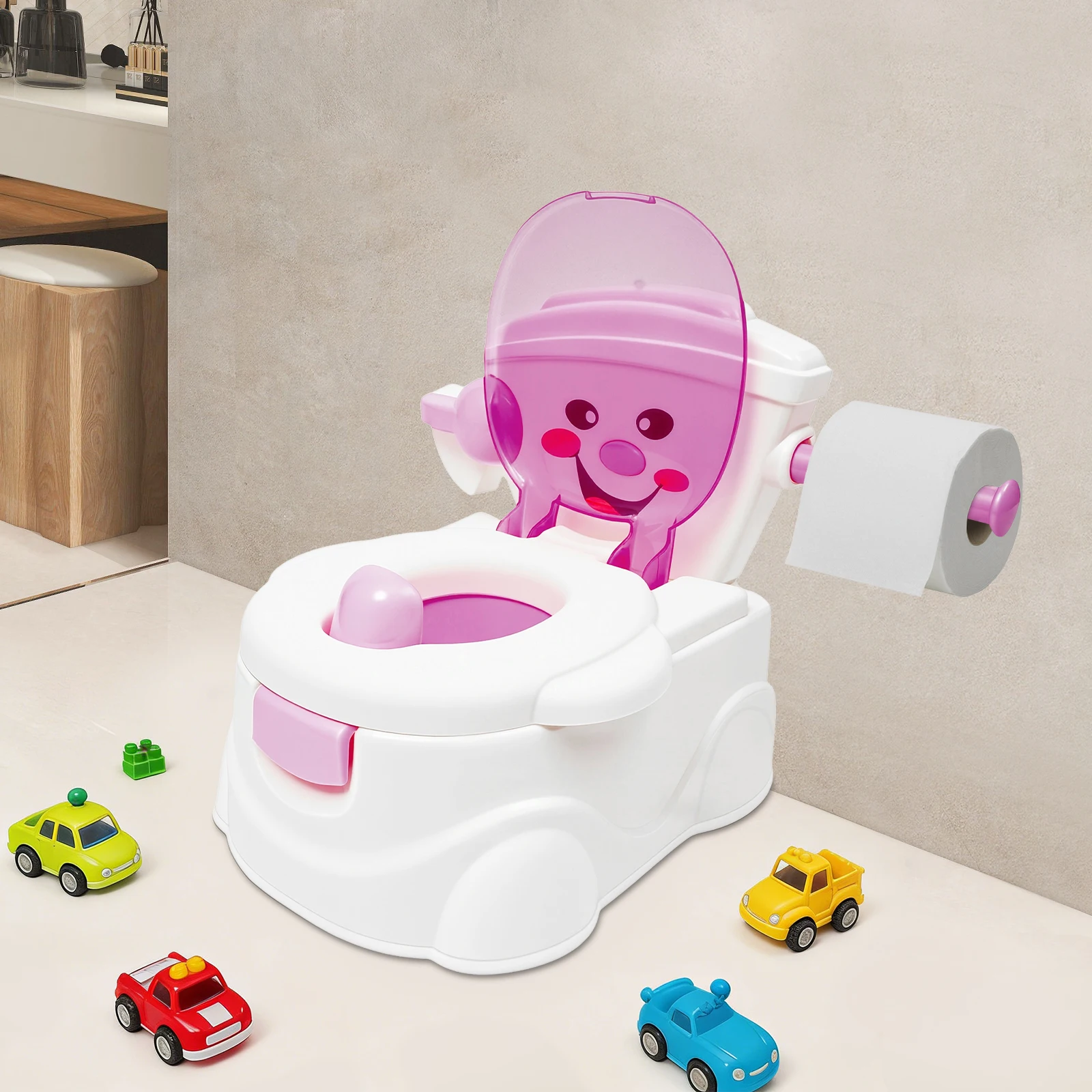 3-in-1 Children's Potty Training Toilet Simulation Smiling Face Kids Toilet with Toilet Paper Holder Removable Ergonomic Toilet