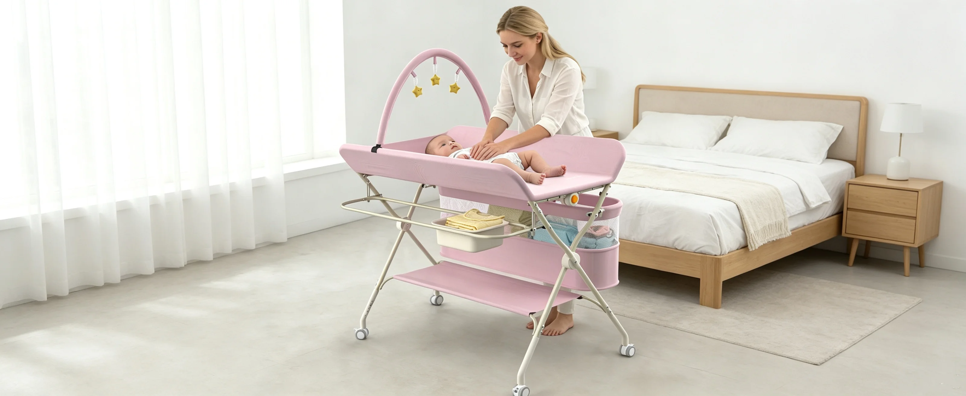 Folding and Mobile baby changing Table with casters and waterproof mattress, adjustable height, large Storage space, Stable Structure, up to 15 kg-gray/green/pink/cream