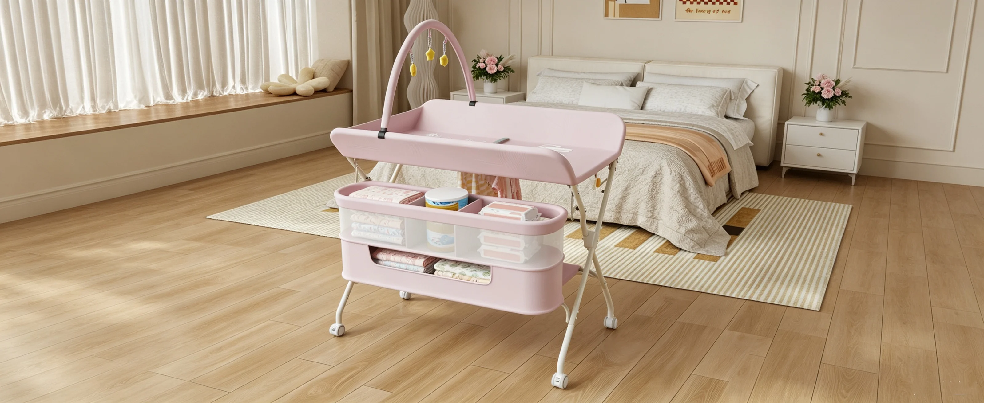 Folding and Mobile baby changing Table with casters and waterproof mattress, adjustable height, large Storage space, Stable Structure, up to 15 kg-gray/green/pink/cream