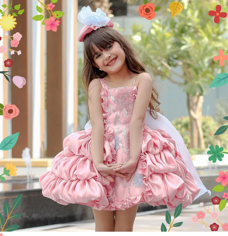 lolita princess dress for girls, summer bow, pink puffy cake dress for children, model fashion show and performance clothing