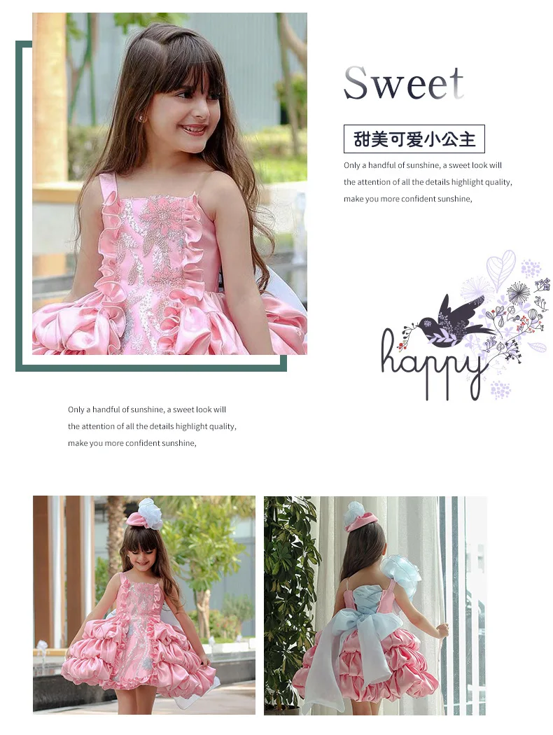 lolita princess dress for girls, summer bow, pink puffy cake dress for children, model fashion show and performance clothing