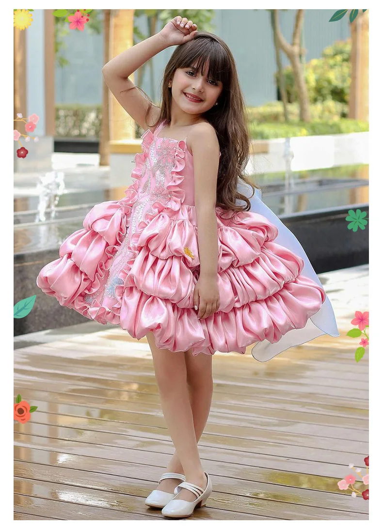 lolita princess dress for girls, summer bow, pink puffy cake dress for children, model fashion show and performance clothing