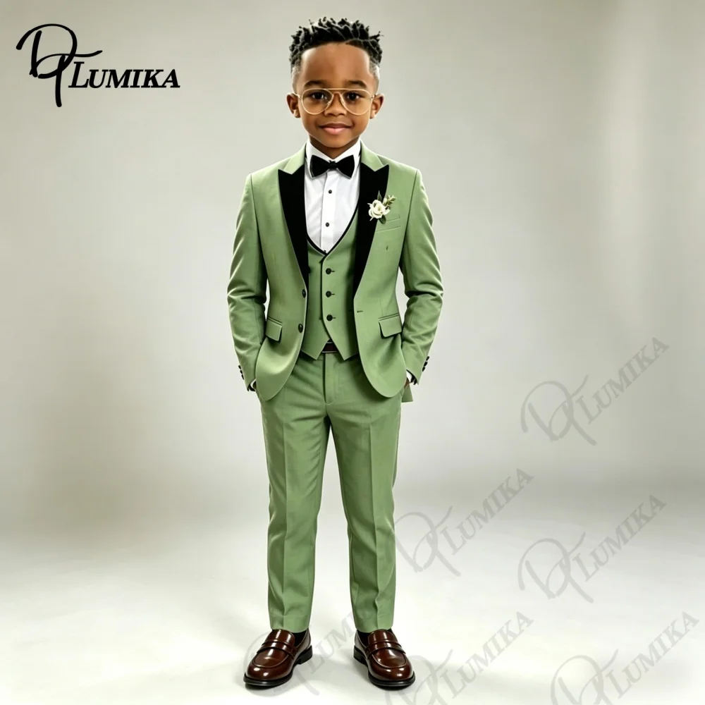 Formal Green Boys Peak Lapel Blazer Suit Vest Pants with Bowtie Tie 2026 Kids Formal Tuxedo for Wedding Party Stage Prom Dress