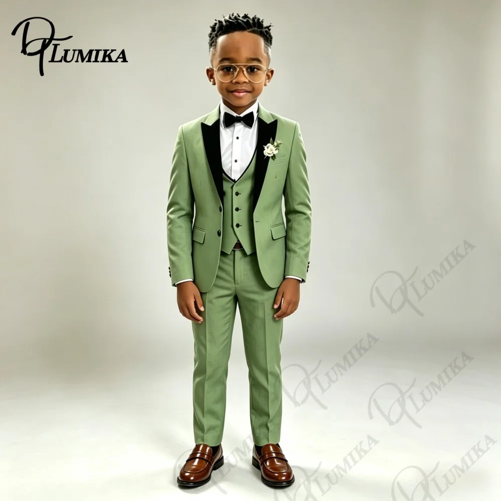 Formal Green Boys Peak Lapel Blazer Suit Vest Pants with Bowtie Tie 2026 Kids Formal Tuxedo for Wedding Party Stage Prom Dress