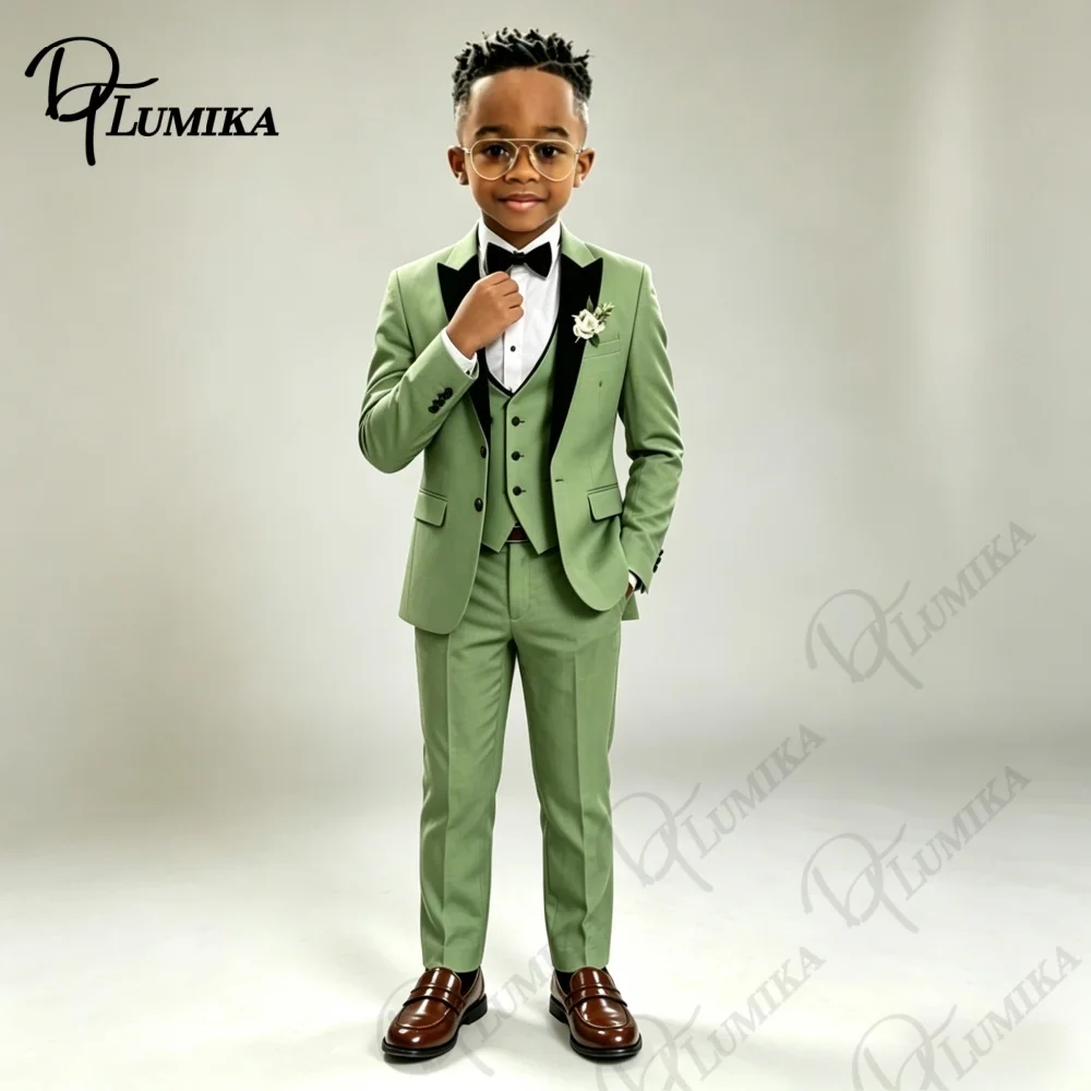 Formal Green Boys Peak Lapel Blazer Suit Vest Pants with Bowtie Tie 2026 Kids Formal Tuxedo for Wedding Party Stage Prom Dress