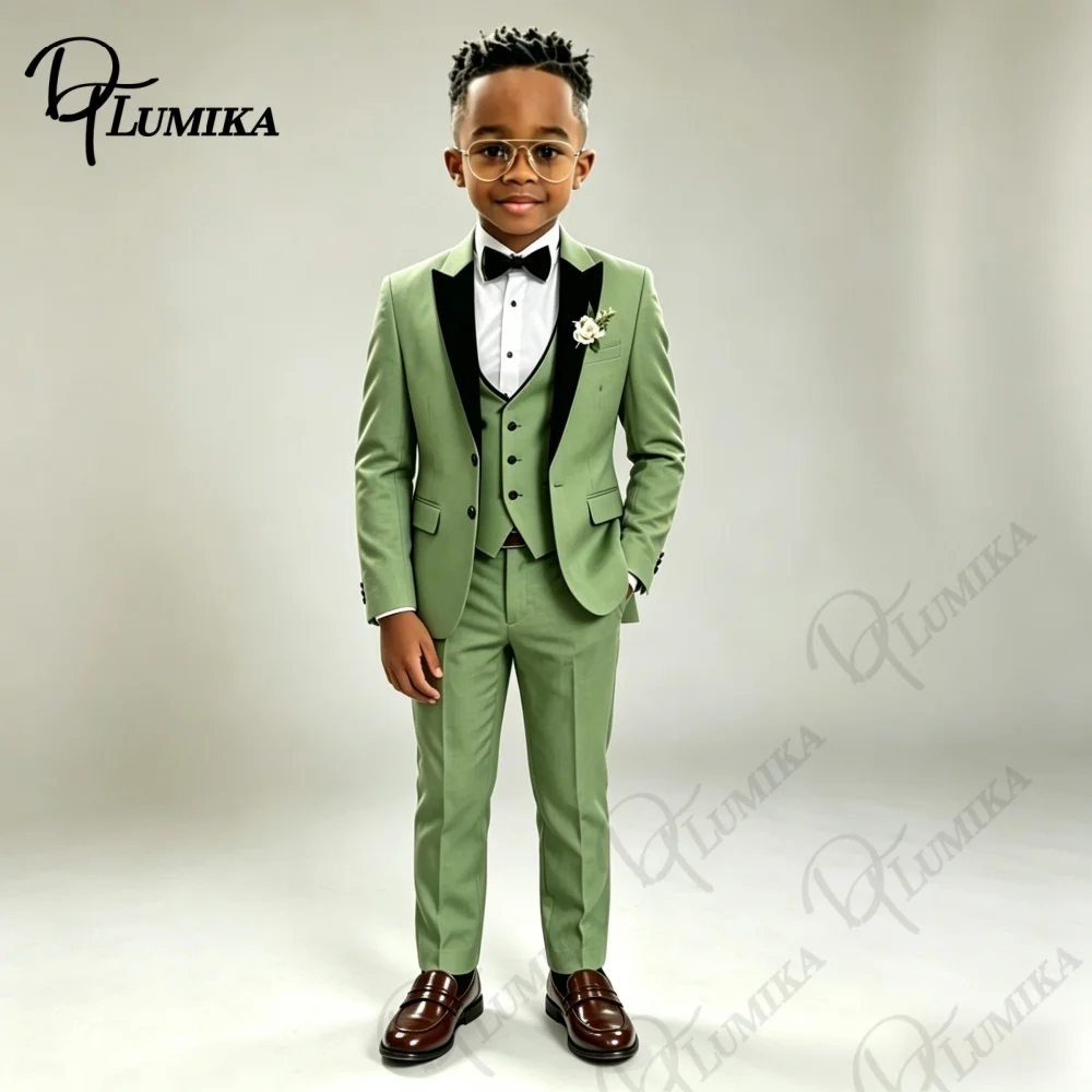 Formal Green Boys Peak Lapel Blazer Suit Vest Pants with Bowtie Tie 2026 Kids Formal Tuxedo for Wedding Party Stage Prom Dress