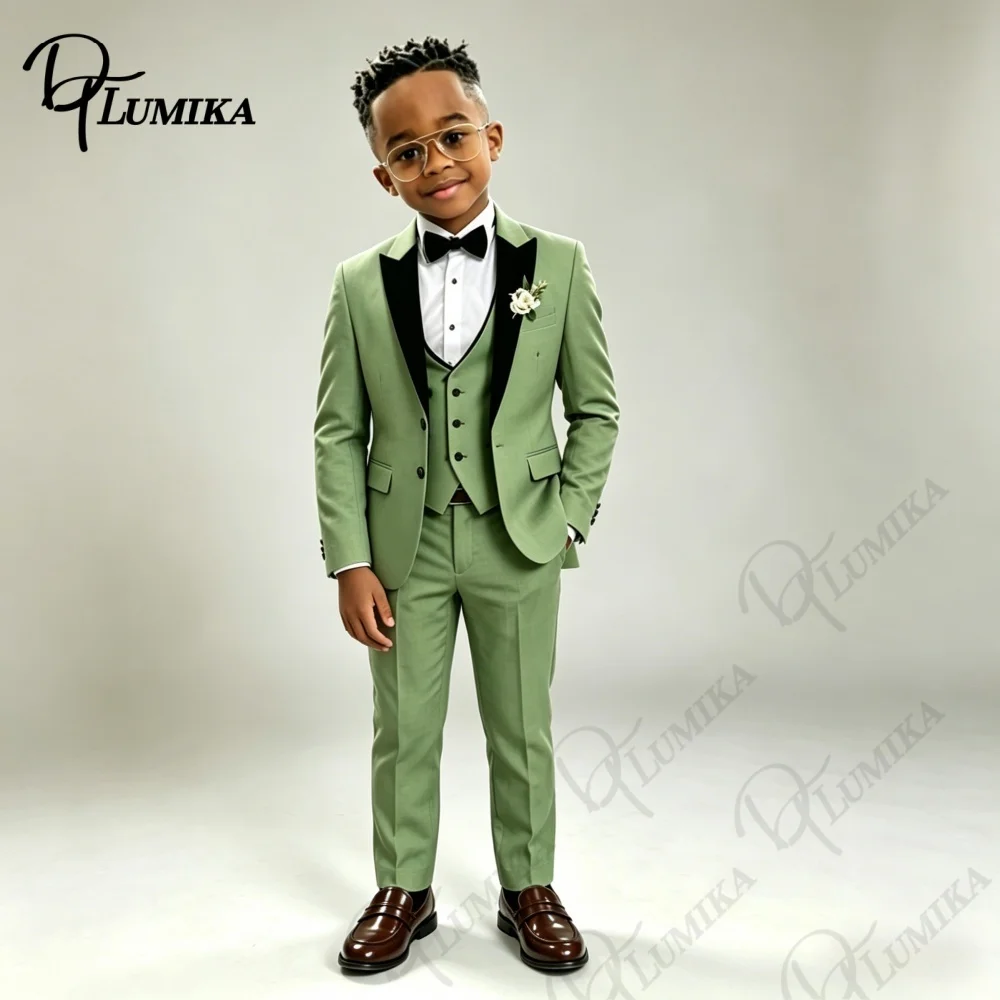 Formal Green Boys Peak Lapel Blazer Suit Vest Pants with Bowtie Tie 2026 Kids Formal Tuxedo for Wedding Party Stage Prom Dress