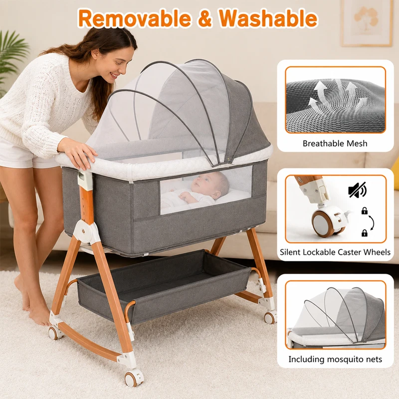Baby Bassinet Bedside Sleeper with Diaper Changing Table, 3-in-1 Portable Baby Crib, Adjustable Height Cradle with Wheels