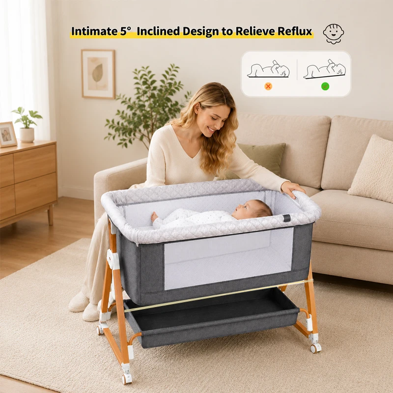 Baby Bassinet Bedside Sleeper with Diaper Changing Table, 3-in-1 Portable Baby Crib, Adjustable Height Cradle with Wheels