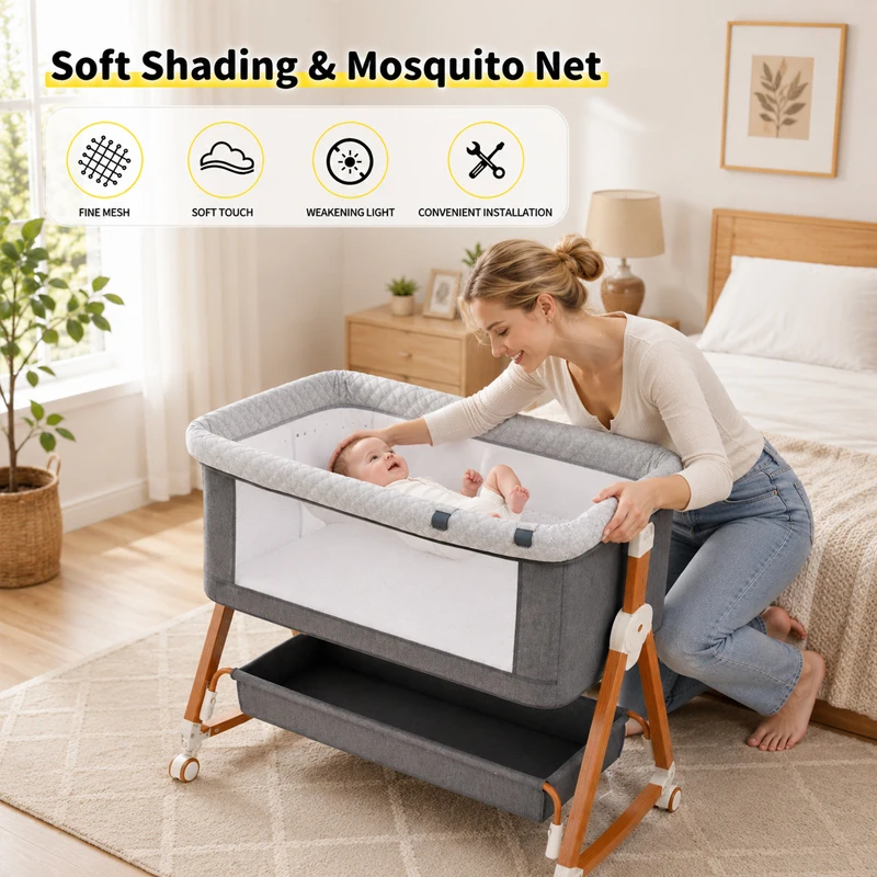 Baby Bassinet Bedside Sleeper with Diaper Changing Table, 3-in-1 Portable Baby Crib, Adjustable Height Cradle with Wheels