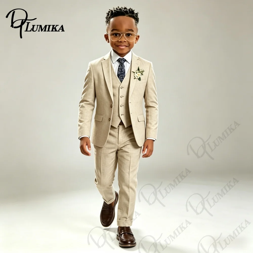 Elegant Beige Linen Boys Suit 3 PCS Set Blue Floral Tie Premium Formal Tuxedo for Wedding Ring Bearer Summer Special Occasions