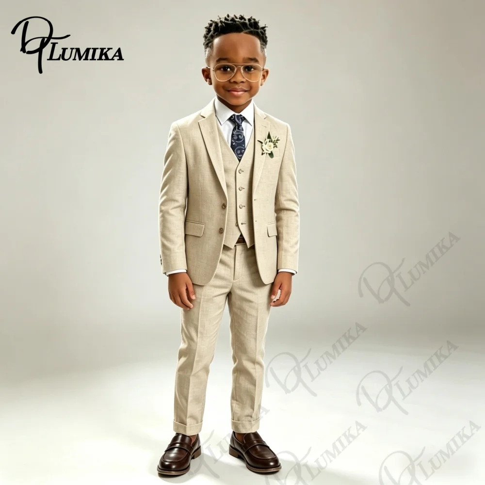 Elegant Beige Linen Boys Suit 3 PCS Set Blue Floral Tie Premium Formal Tuxedo for Wedding Ring Bearer Summer Special Occasions