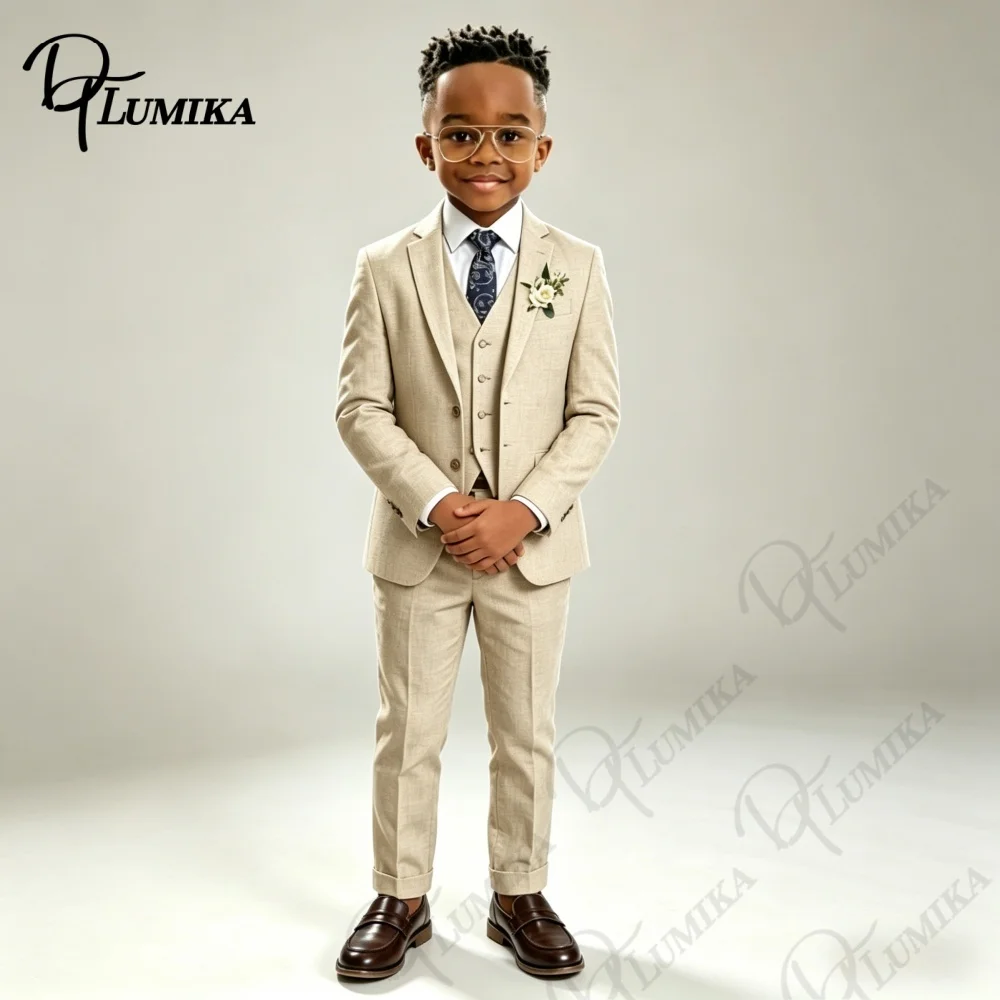 Elegant Beige Linen Boys Suit 3 PCS Set Blue Floral Tie Premium Formal Tuxedo for Wedding Ring Bearer Summer Special Occasions