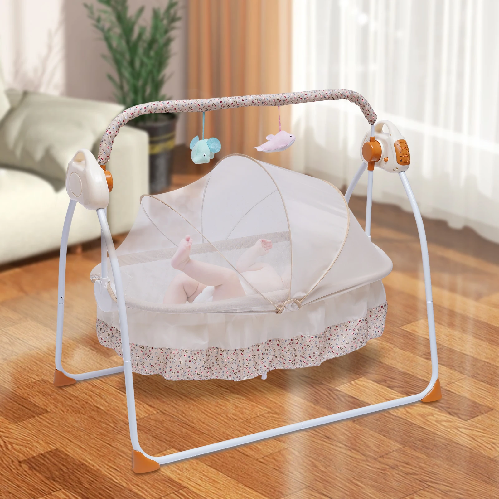 Electric Baby Cradle Intelligent Control Rocking Bluetooth Lullabies Foldable Portable 55lbs Capacity Breathable Mosquito Net