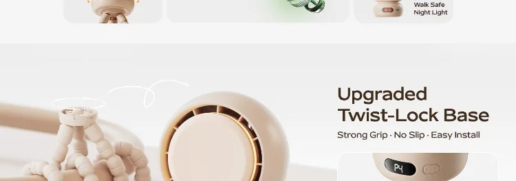 Mini Car Portable Stroller Fan,4-speed Quiet USB-C Rechargeable Baby Fan with Night Light, Baby Travel Essentials for Stroller