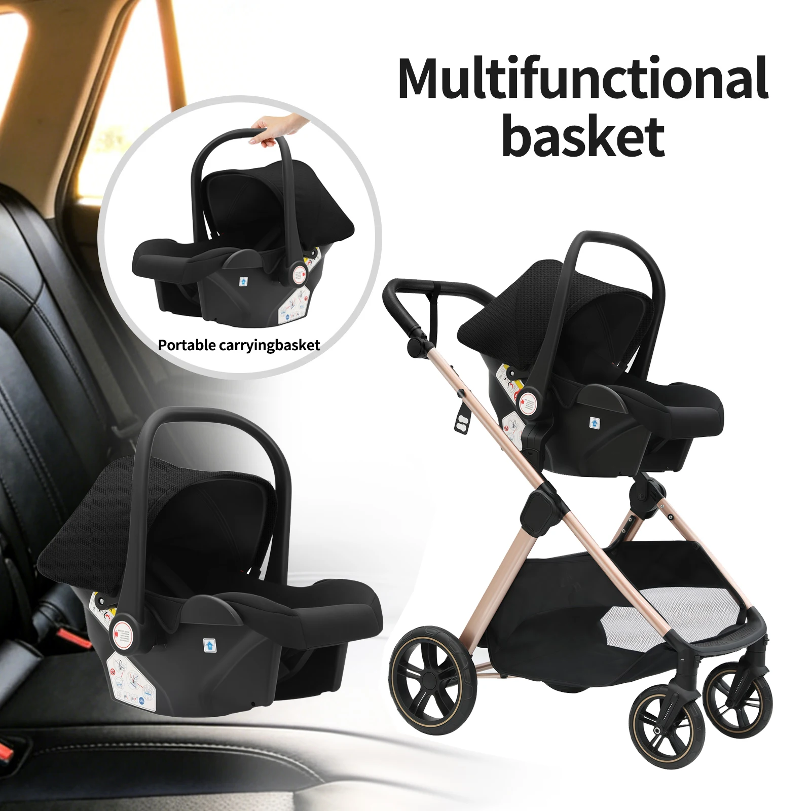 Compact 3-in-1 Stroller Travel System for Newborns Four-wheel Pushchair with Car sitting Suitable for Air Travel and Long trip Buggy EVA Large where Smooth Pushing fandable Pram shots in the Trunk Five-point new Model Carriage