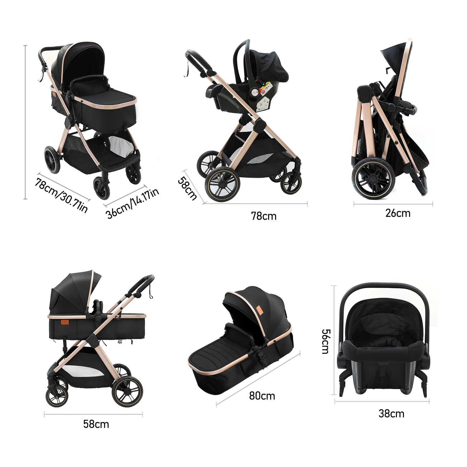 Compact 3-in-1 Stroller Travel System for Newborns Four-wheel Pushchair with Car sitting Suitable for Air Travel and Long trip Buggy EVA Large where Smooth Pushing fandable Pram shots in the Trunk Five-point new Model Carriage