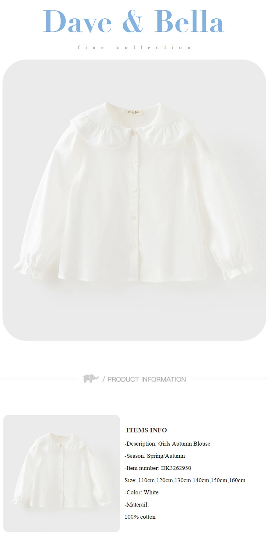 Dave Bella Girls Long Sleeve White Shirt 7-13 Years Children Formal Cotton Blouse Cute Casual Outdoor Party Tops DK3262950