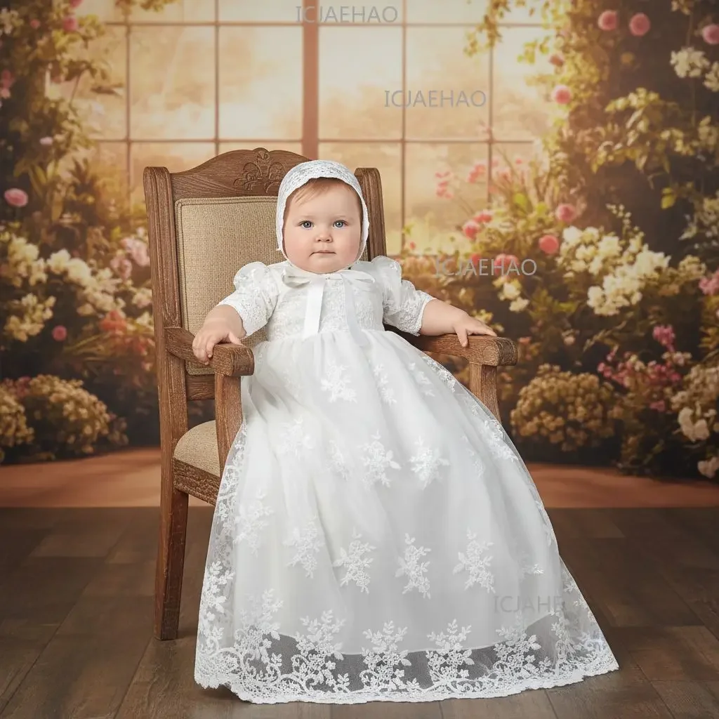 Baby Kids First Birthday Hundred Days Hat Two Piece Set Party Banquet Costume Christening Gown Children White Long Lace Dress