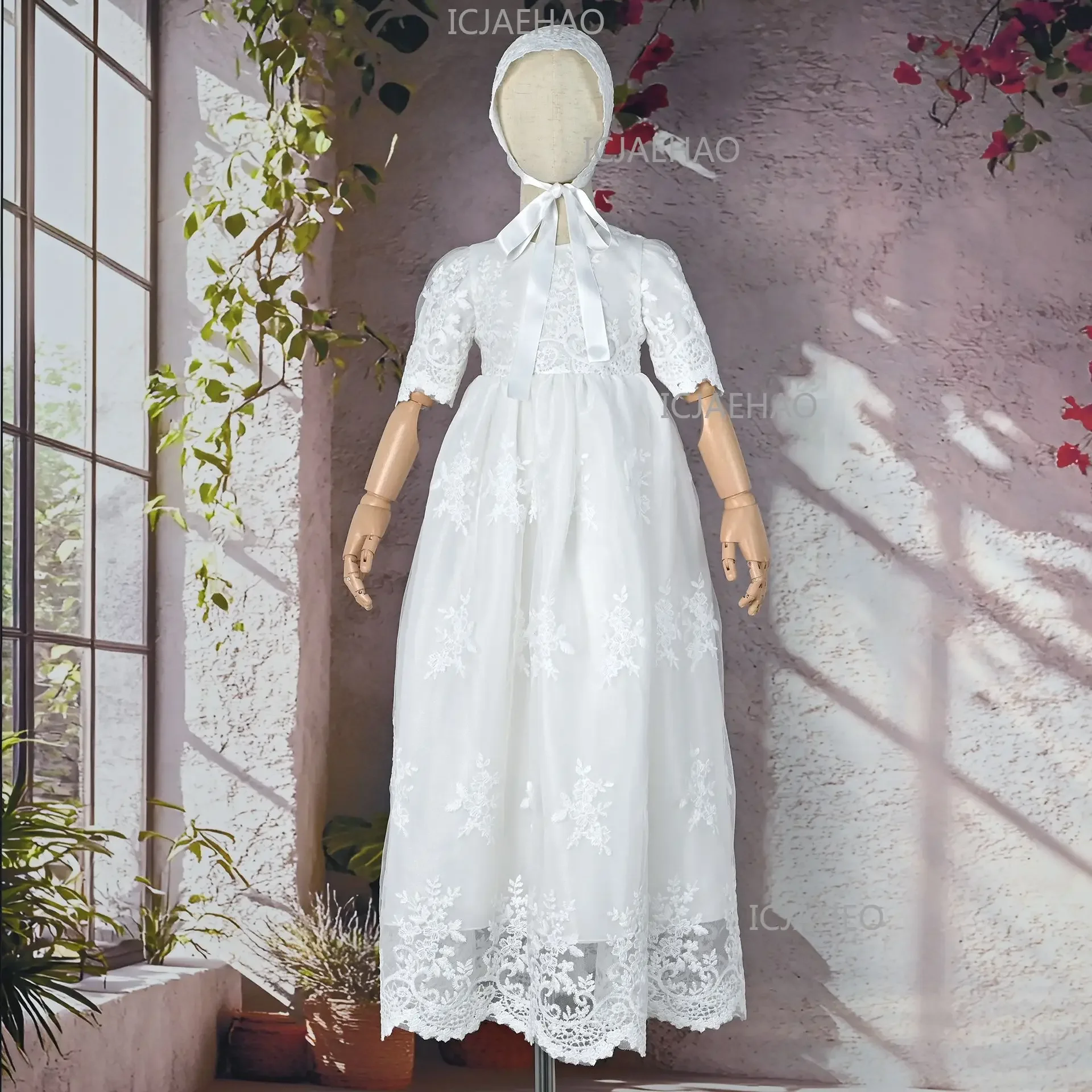 Baby Kids First Birthday Hundred Days Hat Two Piece Set Party Banquet Costume Christening Gown Children White Long Lace Dress