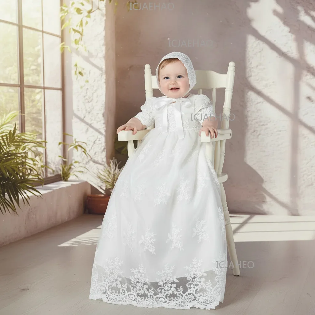 Baby Kids First Birthday Hundred Days Hat Two Piece Set Party Banquet Costume Christening Gown Children White Long Lace Dress