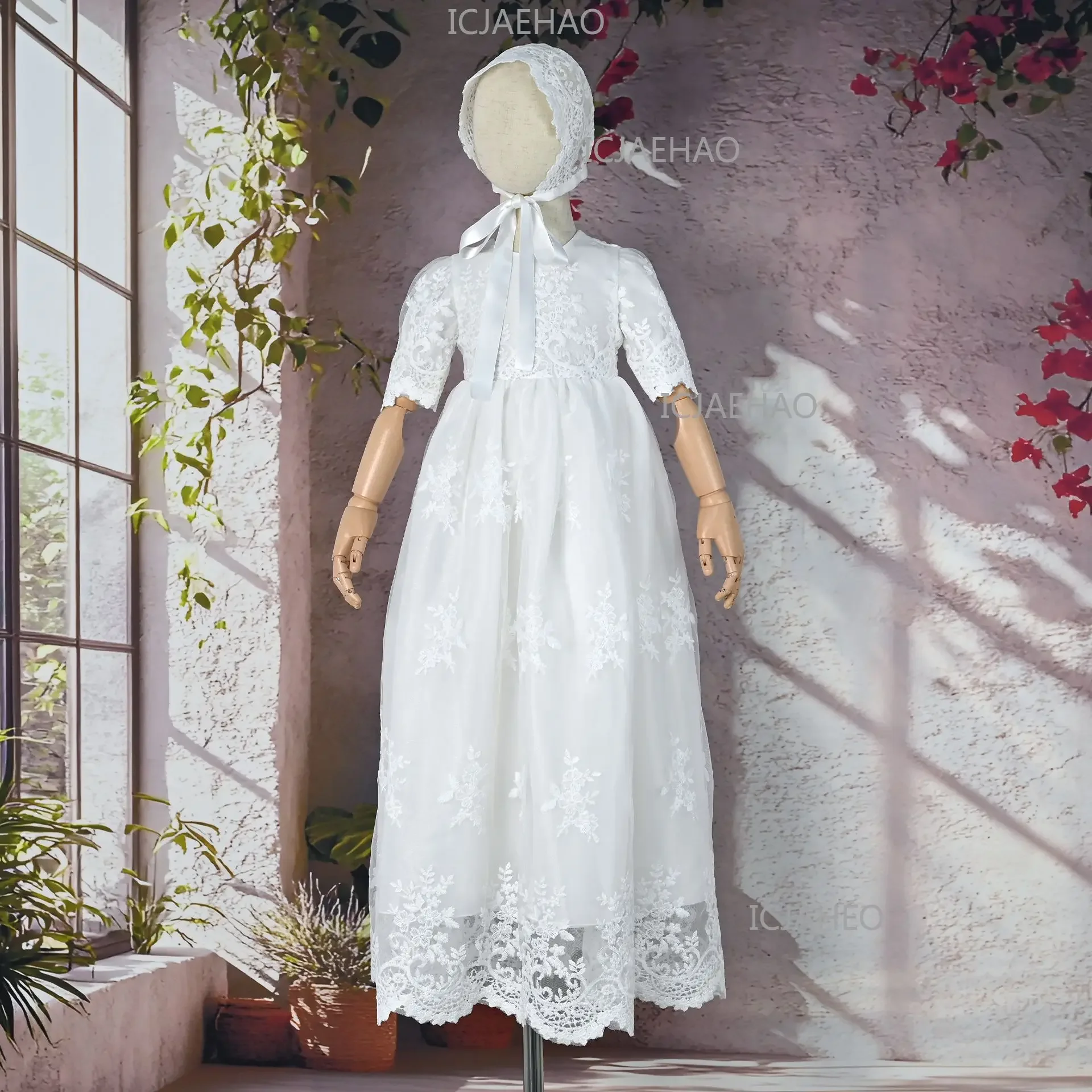 Baby Kids First Birthday Hundred Days Hat Two Piece Set Party Banquet Costume Christening Gown Children White Long Lace Dress