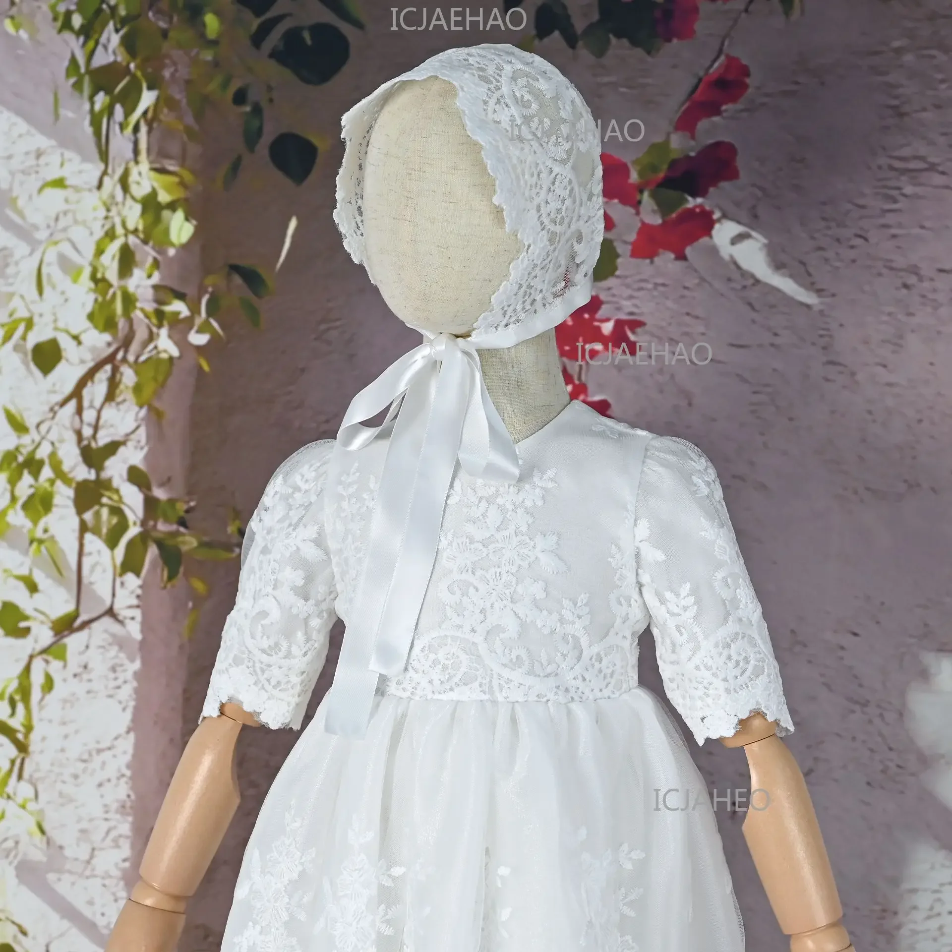 Baby Kids First Birthday Hundred Days Hat Two Piece Set Party Banquet Costume Christening Gown Children White Long Lace Dress