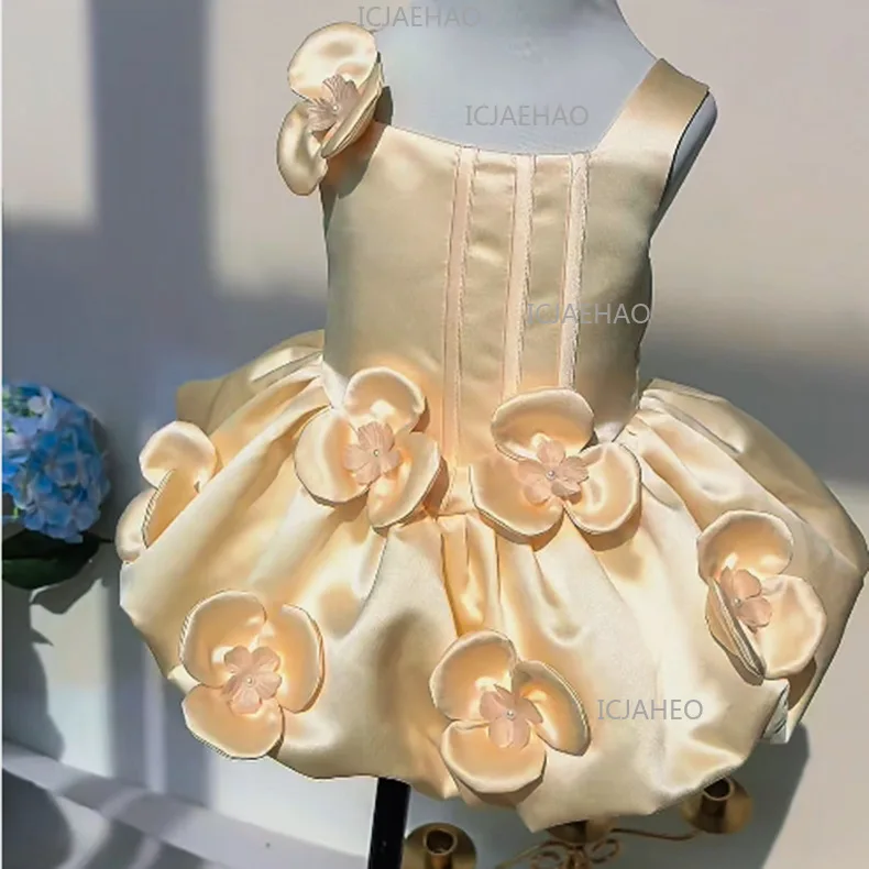 Children Girls Formal Summer Kids Sleeveless Square Neck Vest Dress Baby First Birthday Party Banquet Princess 3D Floral Gown