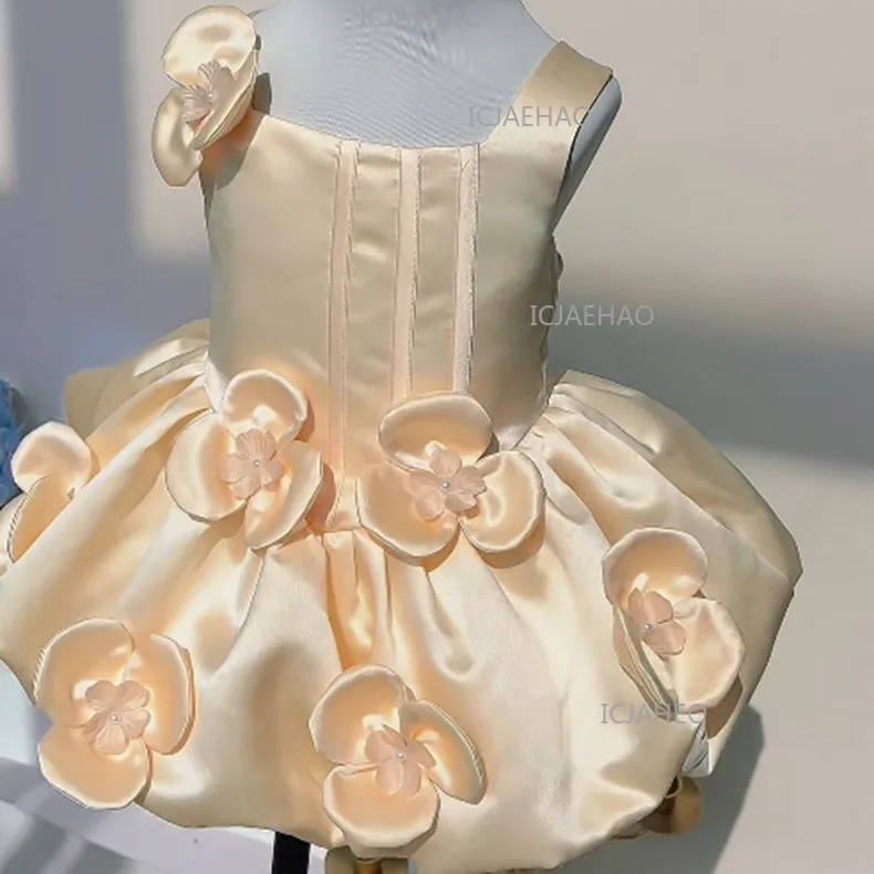 Children Girls Formal Summer Kids Sleeveless Square Neck Vest Dress Baby First Birthday Party Banquet Princess 3D Floral Gown