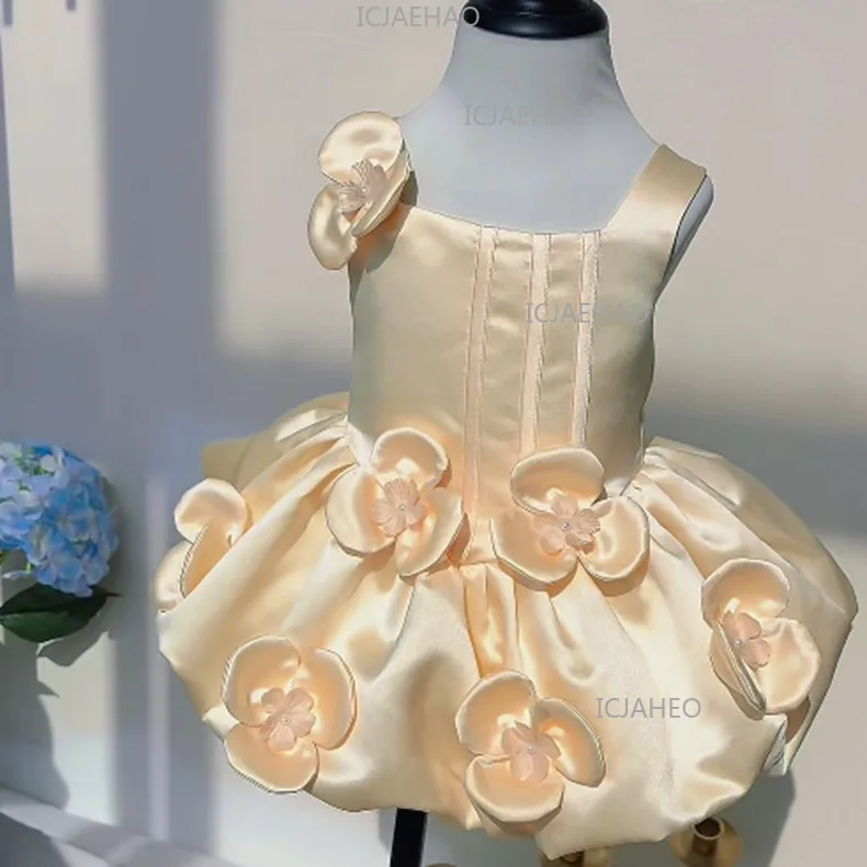 Children Girls Formal Summer Kids Sleeveless Square Neck Vest Dress Baby First Birthday Party Banquet Princess 3D Floral Gown