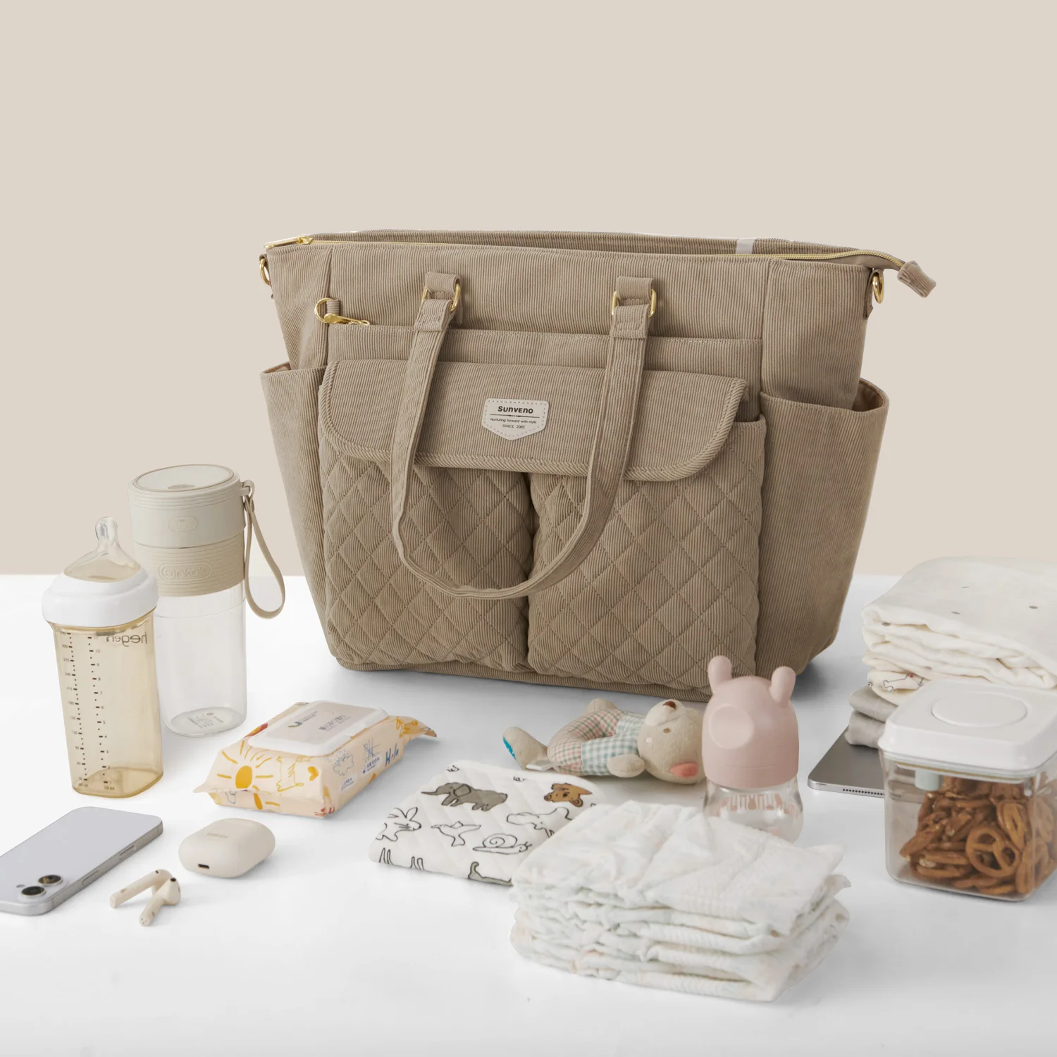 Sunveno Diaper Bag Tote with Changing Mat, Large Capacity Baby Bag for Newborn Mom, Quilted Maternity Bag for Travel 36X33cm