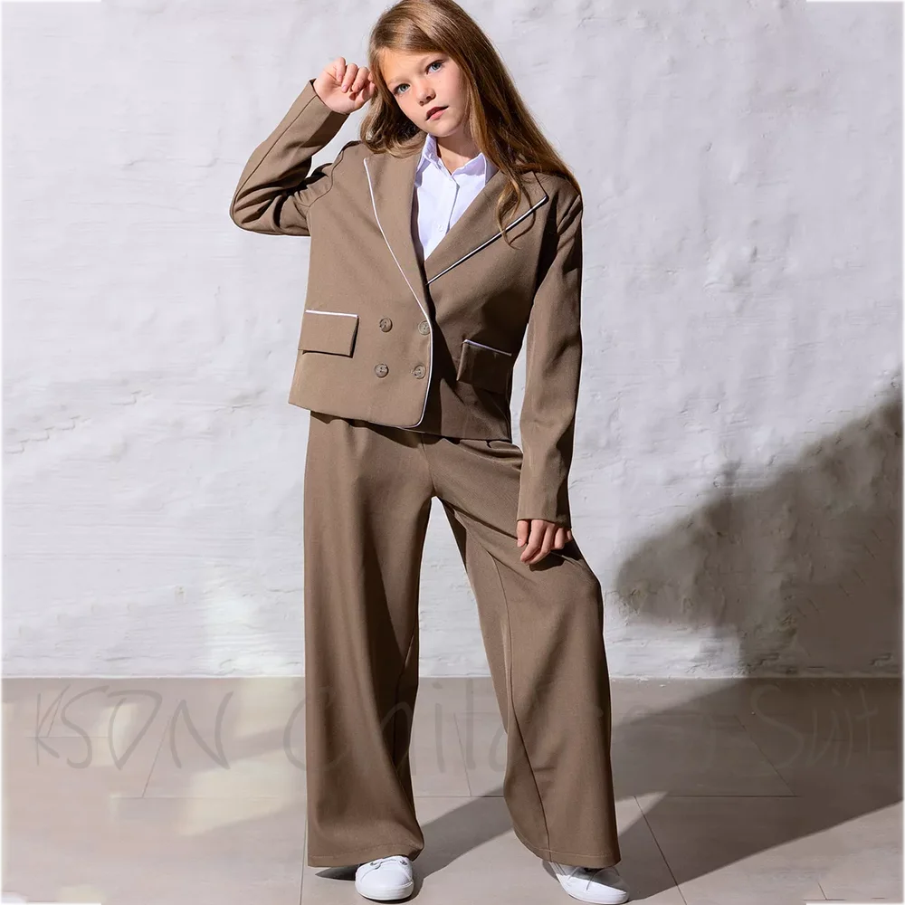 Elegant Double Breasted Girl's Suit 2 Pieces Notch Lapel Blazer with White Trim Graduation Interview Party Minimalist Daily Set